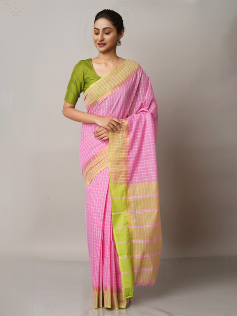

Unnati Silks Pink & Gold-Toned Checked Zari Pure Cotton Mangalagiri Saree