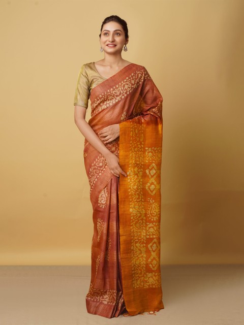 

Unnati Silks Brown & Orange Batik Silk Cotton Bhagalpuri Saree