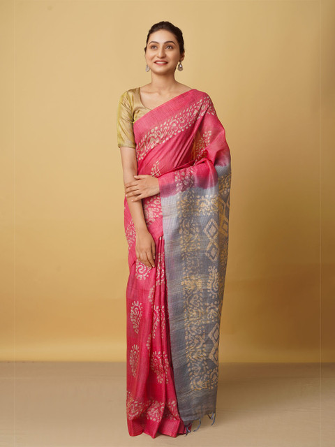 

Unnati Silks Pink & Grey Batik Silk Cotton Bhagalpuri Saree