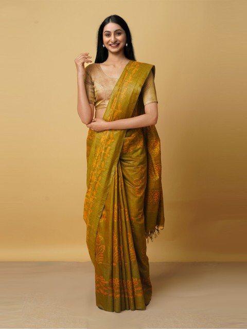 

Unnati Silks Green & Orange Batik Silk Cotton Bhagalpuri Saree