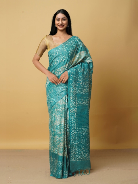 

Unnati Silks Blue & Grey Batik Silk Cotton Bhagalpuri Saree
