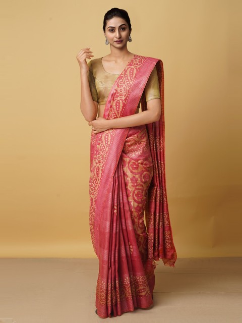 

Unnati Silks Pink & Beige Batik Silk Cotton Bhagalpuri Saree