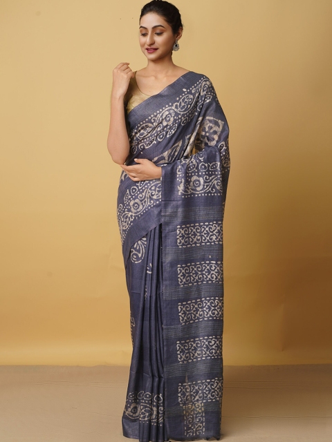 

Unnati Silks Blue & Beige Batik Silk Cotton Bhagalpuri Saree