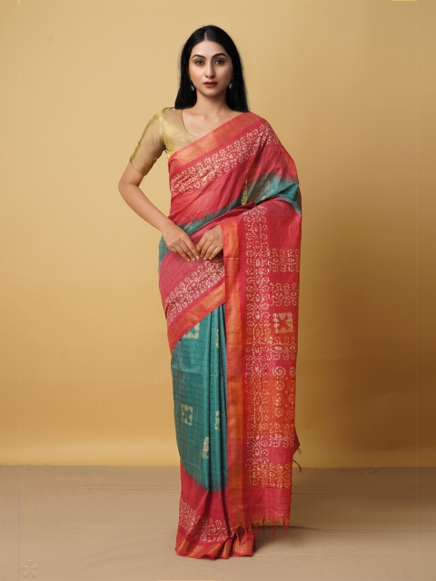 

Unnati Silks Green & Pink Batik Zari Silk Cotton Bhagalpuri Saree