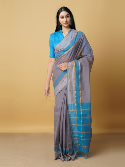 

Unnati Silks Grey & Blue Woven Design Zari Pure Cotton Mangalagiri Saree