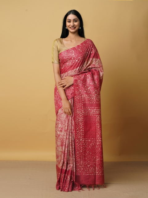 

Unnati Silks Pink & Beige Batik Silk Cotton Bhagalpuri Saree
