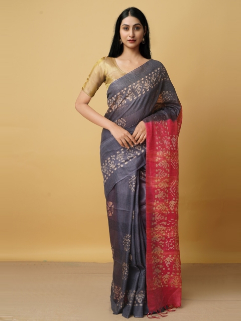 

Unnati Silks Grey & Pink Batik Silk Cotton Bhagalpuri Saree