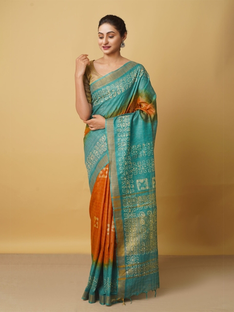 

Unnati Silks Orange & Green Batik Silk Cotton Bhagalpuri Saree