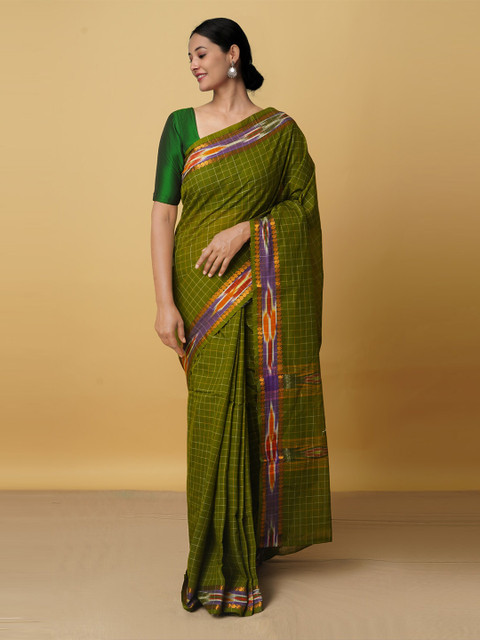 

Unnati Silks Green & Purple Woven Design Zari Pure Cotton Mangalagiri Saree