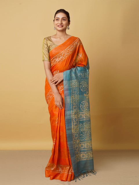 

Unnati Silks Orange & Blue Batik Zari Silk Cotton Bhagalpuri Saree