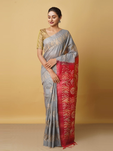 

Unnati Silks Grey & Red Batik Silk Cotton Bhagalpuri Saree