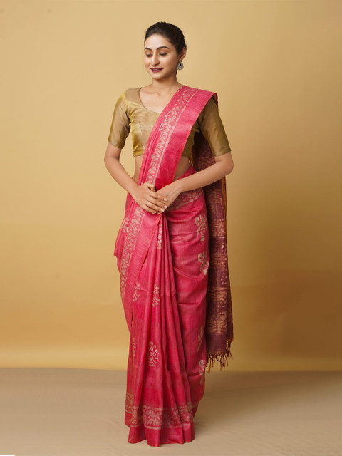 

Unnati Silks Pink & Brown Batik Silk Cotton Bhagalpuri Saree