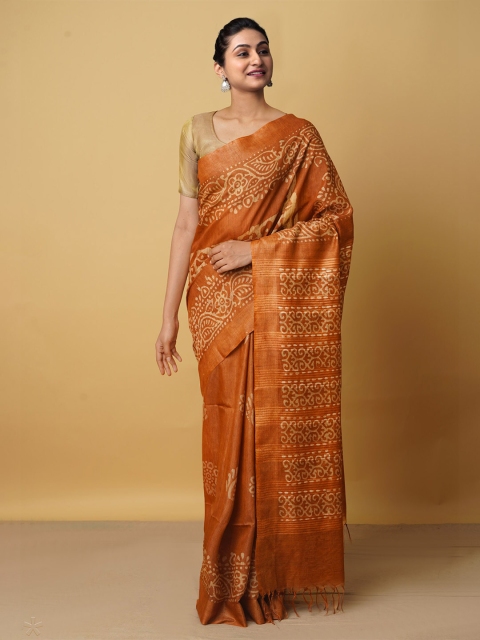 

Unnati Silks Brown & White Batik Silk Cotton Bhagalpuri Saree