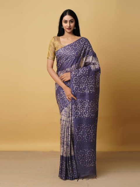 

Unnati Silks Violet & Beige Batik Silk Cotton Bhagalpuri Handloom Saree
