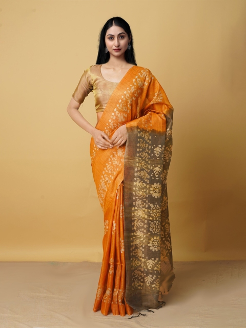 

Unnati Silks Orange & Green Batik Silk Cotton Bhagalpuri Handloom Saree