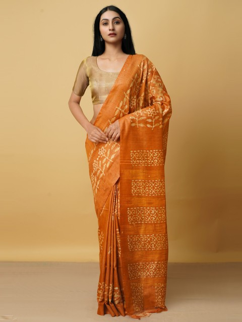 

Unnati Silks Orange & White Batik Silk Cotton Bhagalpuri Handloom Saree