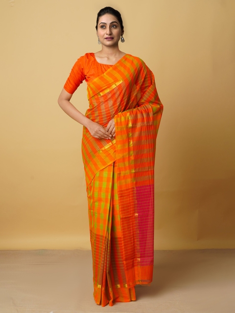 

Unnati Silks Orange & Red Checked Zari Pure Cotton Mangalagiri Handloom Saree