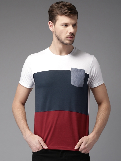 

HERE&NOW Men Maroon & Navy Colourblocked Round Neck T-shirt