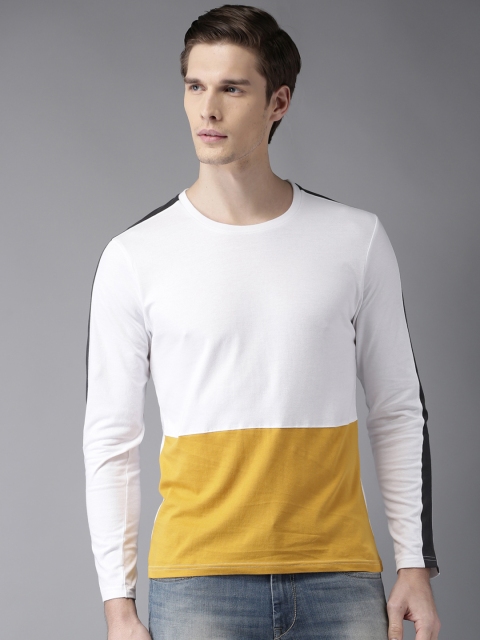 

HERE&NOW Men White & Yellow Colourblocked Round Neck T-shirt