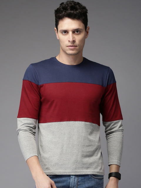 

HERE&NOW Men Maroon & Grey Melange Colourblocked Round Neck T-shirt