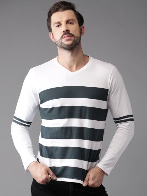 

HERE&NOW Men White & Navy Blue Striped V-Neck T-shirt