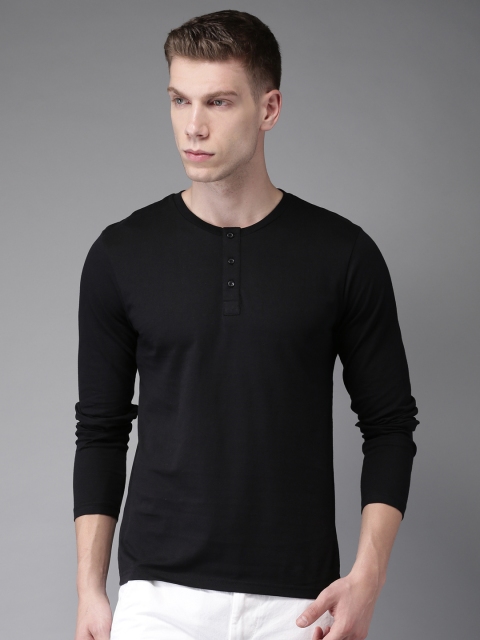 

HERE&NOW Men Black Solid Henley Neck T-shirt, Na