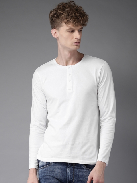 

HERE&NOW Men White Solid Henley Neck T-shirt