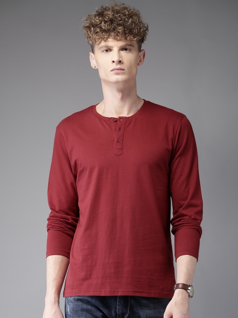 

HERE&NOW Men Maroon Solid Henley Neck T-shirt, Na