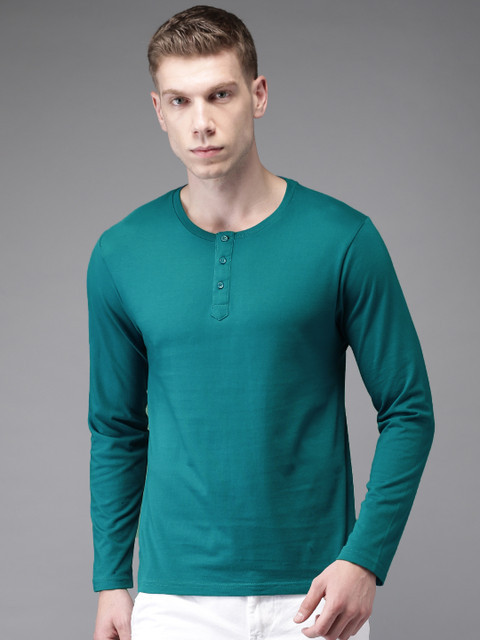 

HERE&NOW Men Teal Green Solid Henley Neck T-shirt, Na