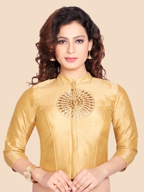 

neckbook Women Golden Colored Embroidered Silk Saree Blouse, Gold
