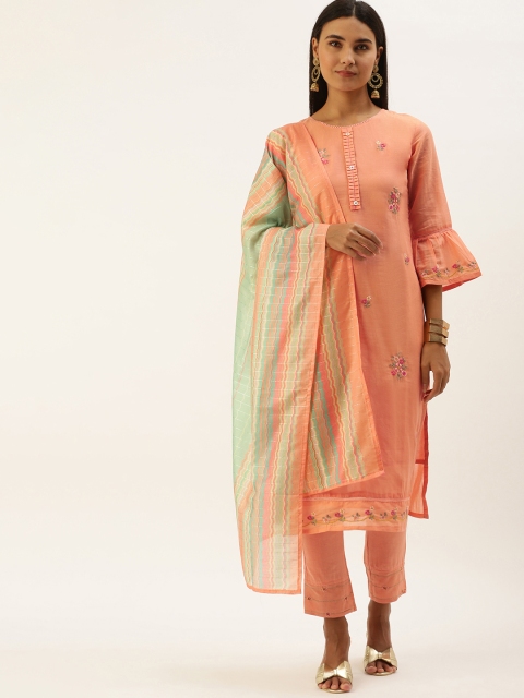 

SWAGG INDIA Women Peach-Coloured Ethnic Motifs Embroidered Kurta with Trousers & Dupatta