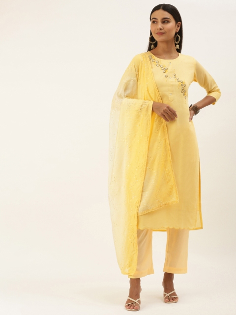 

SWAGG INDIA Women Yellow Ethnic Motifs Embroidered Aari Work Kurta with Trousers & Dupatta