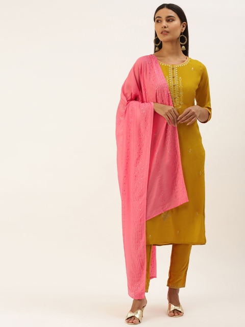 

SWAGG INDIA Women Mustard Yellow Ethnic Motifs Embroidered Kurta with Trousers & Dupatta