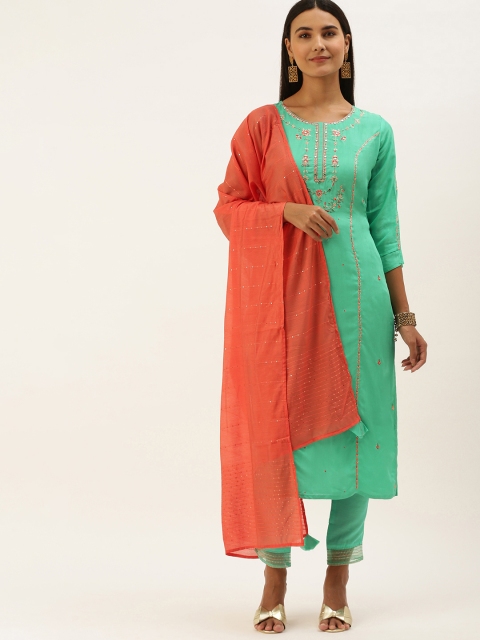 

SWAGG INDIA Women Green Ethnic Motifs Embroidered Kurta with Trousers & Dupatta