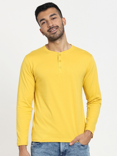 

Bewakoof Plus Men Yellow Henley Neck T-shirt