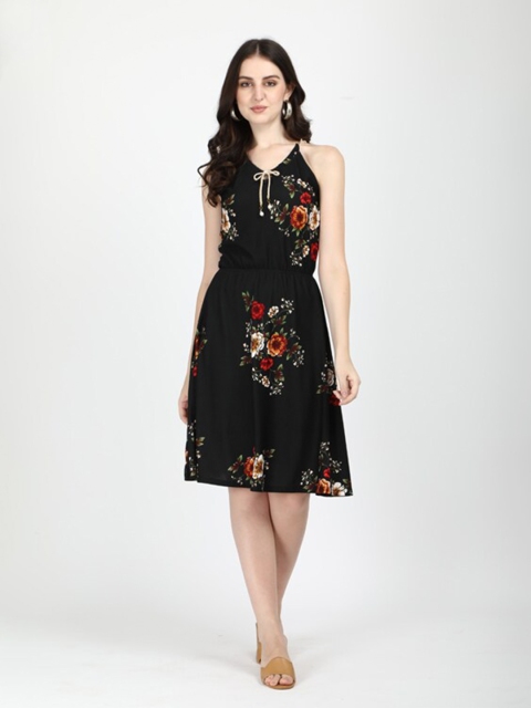 

JAPESH Black & Red Floral Printed Fit and Flare Dress