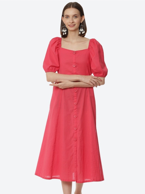 

Rangriti Women Coral Puff Sleeve Midi Dress