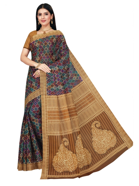 

SALWAR STUDIO Brown & White Ethnic Motifs Pure Cotton Block Print Saree