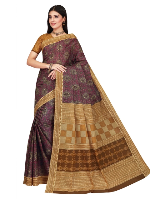 

SALWAR STUDIO Brown & Purple Ethnic Motifs Pure Cotton Block Print Saree