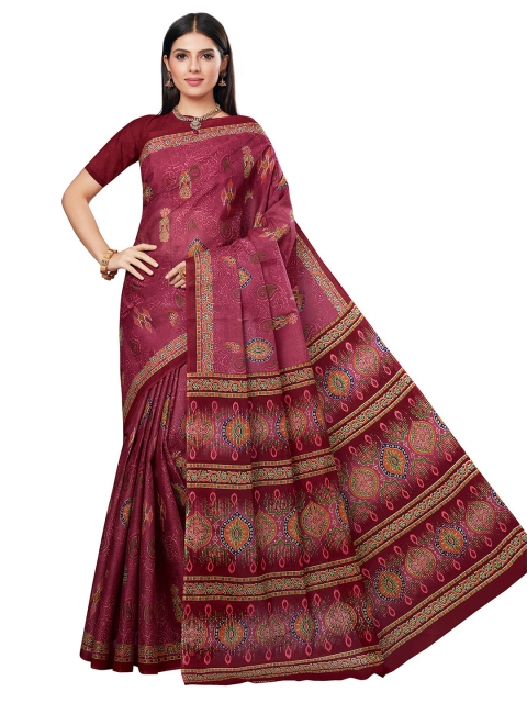 

SALWAR STUDIO Pink & Maroon Ethnic Motifs Pure Cotton Block Print Saree
