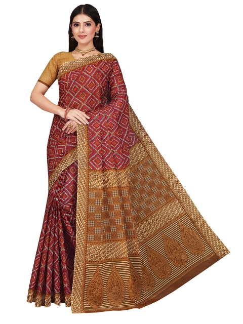 

SALWAR STUDIO Brown & Red Ethnic Motifs Pure Cotton Block Print Saree