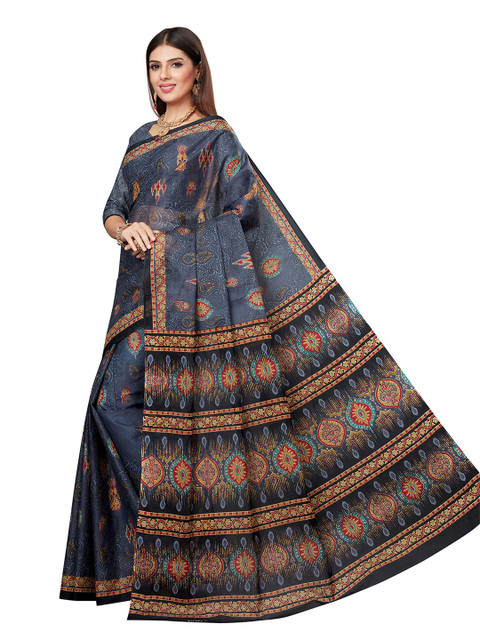 

SALWAR STUDIO Grey & Black Ethnic Motifs Pure Cotton Block Print Saree