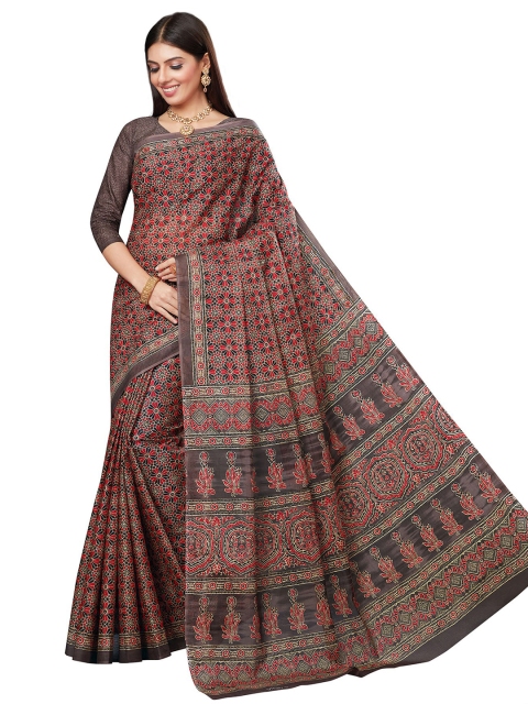 

SALWAR STUDIO Grey & Red Ethnic Motifs Pure Cotton Block Print Saree