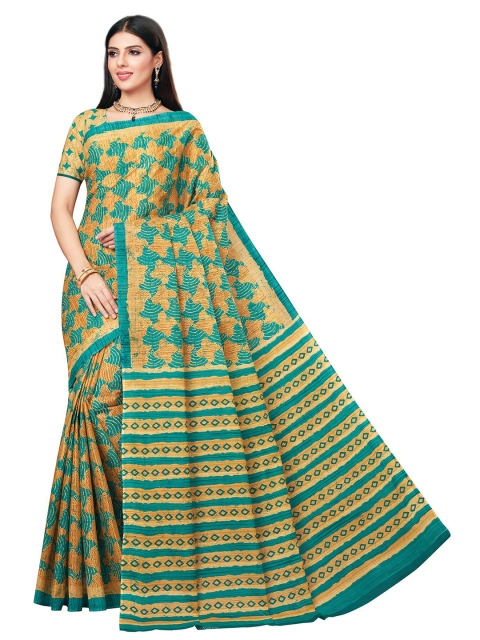 

SALWAR STUDIO Yellow & Blue Ethnic Motifs Pure Cotton Block Print Saree