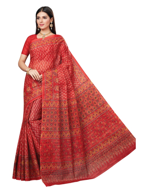 

SALWAR STUDIO Red & Blue Ethnic Motifs Pure Cotton Block Print Saree