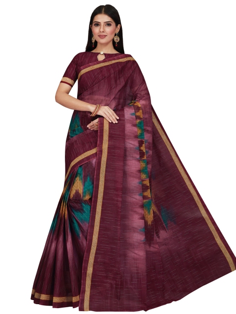 

SALWAR STUDIO Purple & Mustard Ethnic Motifs Pure Cotton Block Print Saree