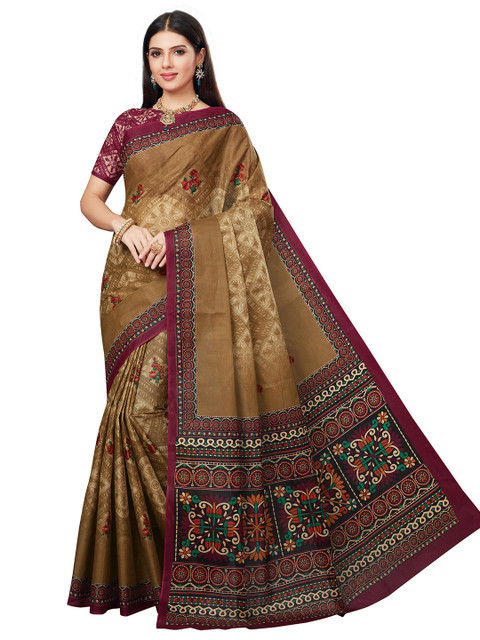 

SALWAR STUDIO Brown & Green Ethnic Motifs Pure Cotton Block Print Saree