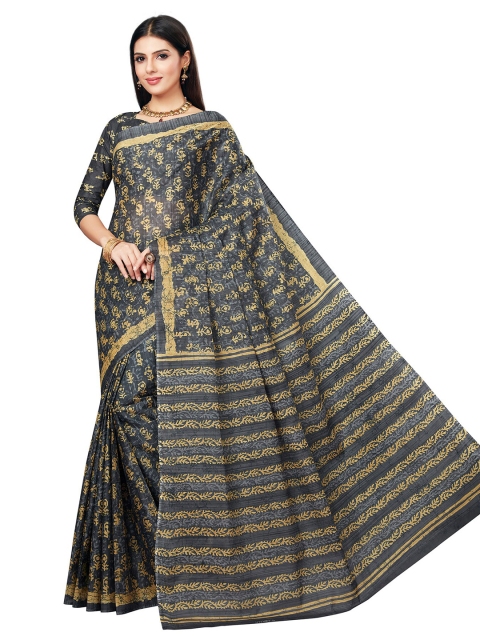 

SALWAR STUDIO Grey & Mustard Ethnic Motifs Pure Cotton Block Print Saree