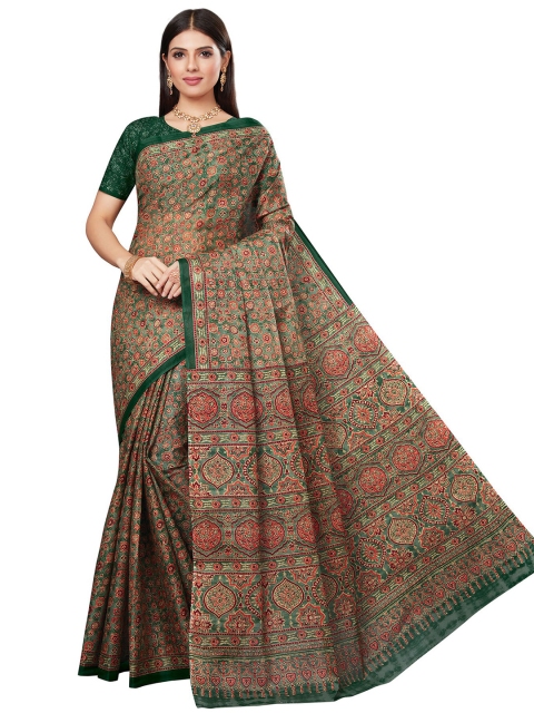 

SALWAR STUDIO Green & Red Ethnic Motifs Pure Cotton Block Print Saree