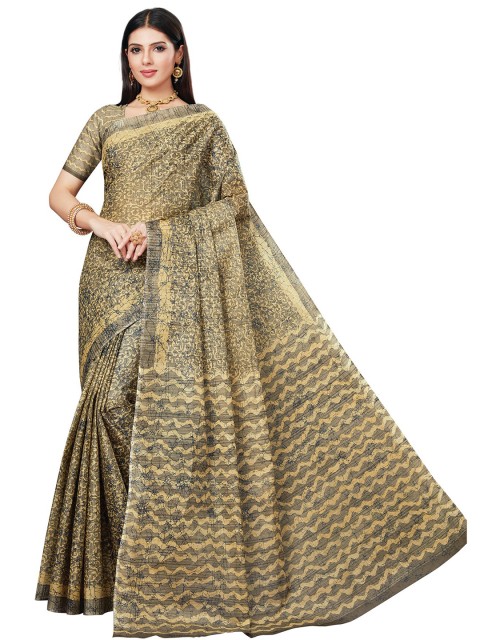 

SALWAR STUDIO Grey & Yellow Ethnic Motifs Pure Cotton Block Print Saree